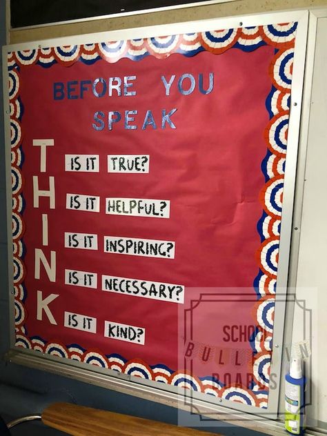 Think Before You Speak - Bulletin board ideas for middle school or high school can be challenging because they are too old for cutesy themes like bees or superheroes, but yet you still want them to be relevant to their … Preschool Jobs, Elementary School Bulletin Boards, School Council, Food Room, Character Education Lessons, College Bulletin Boards, Pta Ideas, School Counselor Office, School Age Activities