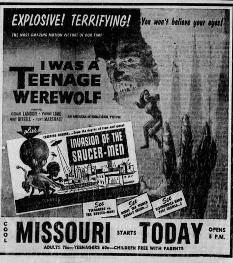 I Was a Teenage Werewolf Opens at the Missouri Theatre, 8/27/1957 I Was A Teenage Werewolf, Teenage Werewolf, Movie Ads, Michael Landon, St Louis Missouri, Motion Picture, Believe In You, St Louis, Missouri