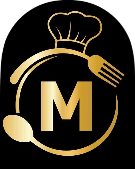 Restaurant Logo on Letter M with Chef Hat, Spoon and Fork Symbol for Kitchen Sign, Cafe Icon, Restaurant, Cooking Business Vector Food Business Logo, Cooking Business, Chef Pictures, Cafe Icon, Chef Quotes, Photo Frame Images, Cooking Logo, Chef Logo, Kitchen Logo