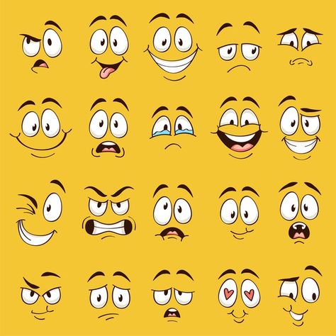 Determined Cartoon Face, Caricature Face Expressions, Funny Cartoon Expressions, Cartoon Facial Features, Cartoon Face Expressions Character Design, Happy Cartoon Face, Silly Face Expression, Disney Expression Sheet, Different Emotions Faces