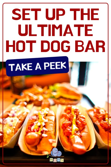 Halloween Hot Dog Bar, Hot Dog Bar Birthday Party, Hot Dog Party Bar, Hot Dog Bar Ideas Toppings, Hot Dog Bar Ideas Food Stations, Chili Dog Bar Ideas, Hot Dog Buffet Ideas Food Bars, What To Serve With Hot Dogs, Chili Dog Bar