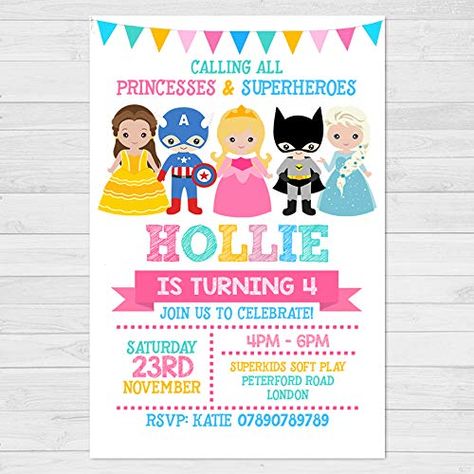 Superhero Birthday Party Invitations, Combined Birthday Parties, Princess Party Invitations, Twin Birthday Parties, Disney Princess Birthday Party, 5th Birthday Party Ideas, Happy Birthday Bunting, Birthday Party Invites, Princess Invitations