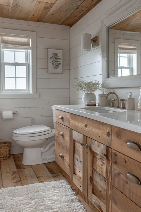 40 Shiplap Bathroom Ideas To Add Charm to Your Space Distressed White Shiplap Wall, Old Shiplap Wall, Shiplap Ceiling Bathroom, Bathrooms With Shiplap, White Shiplap Bathroom, Shiplap Wall Bathroom, Shiplap Bathroom Ideas, Fancy Bathrooms, Barndo House