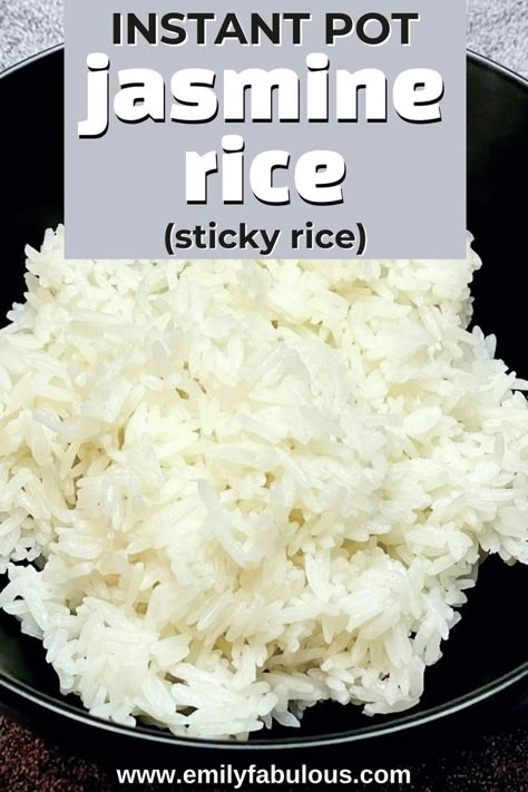 a bowl of jasmine rice made in the instant pot Perfect Jasmine Rice Instant Pot, Sticky White Rice Instant Pot, Instant Pot White Rice Large Batch, Pressure Cooker Sticky Rice, How Long To Cook Rice In Instant Pot, Instant Pot Jasmine Rice How To Cook, Instapot Sticky Rice, Instant Pot Rice Jasmine, Instant Pot Sticky Rice