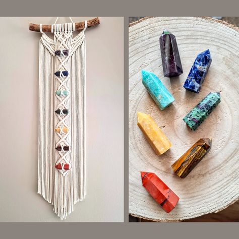 Macrame With Gemstones, Macrame With Crystals Diy, Macrame Crystal Wall Hanging, Macrame Wall Hanging With Crystals, Macrame With Crystals, Crafts With Crystals, Macrame Chakra Wall Hanging, Macrame Crystal Hanger, Chakra Crafts