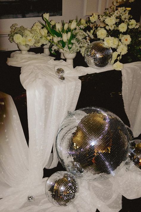 Styled by For Love & Living Disco Wedding Reception, Disco Ball Wedding Decor, Disco Ball Wedding, Gold Disco Ball, Disco Ball Decorations, Wedding Dance Floor, Dance Floor Wedding, Summer Garden Wedding, Wedding Team