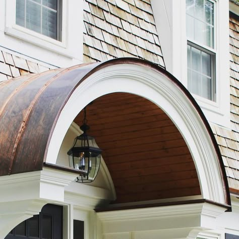 Copper Portico Entry, Curved Porch Roof, Copper Porch Roof, Front Door Portico Ideas Entrance, Curved Portico, Arched Portico, Exterior Entryway Ideas, Portico Entry, Exterior Facelift