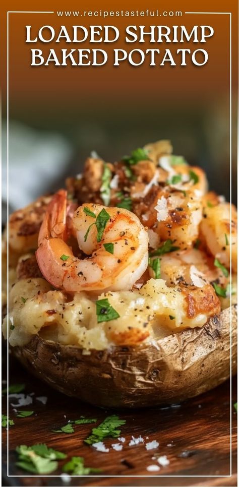 These Loaded Shrimp Baked Potatoes are the ultimate comfort food, combining fluffy russet potatoes with a creamy Cajun shrimp sauce, and topped with Parmesan and Asiago cheese. Perfect for a family dinner or special occasion, this dish is bursting with bold flavors and is sure to impress! #ShrimpBakedPotato #CajunShrimp #ComfortFood #LoadedPotato #OnePanMeal #ShrimpLovers #CajunCooking #DinnerIdeas Shrimp Baked Potato Recipe, Loaded Shrimp Baked Potato, Shrimp Baked Potato, Creamy Cajun Shrimp Sauce, Cajun Shrimp Sauce, Creamy Cajun Shrimp, Shrimp Sauce, Potato Dinner, Potato Toppings