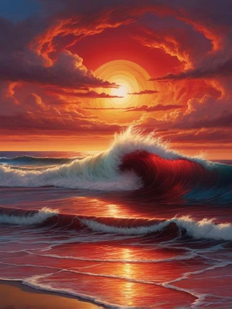 Painted Waves, Beach Landscapes, Tablet Wallpaper, Beach Landscape, Beach Art, Cool Artwork, Stars And Moon, Sunrise Sunset, Realism