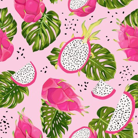 Premium Vector | Seamless dragon fruits pattern, watercolor pitaya and monstera leaves background. hand drawn summer tropic fruit texture. vector illustration cover, tropical wallpaper, vintage backdrop Dragon Fruit Wallpaper, Aurora Bedroom, Dragon Fruit Vector, Dragon Fruits, Tropical Prints Pattern, Vintage Backdrop, Buah Naga, Fruits Pattern, Fruits Drawing