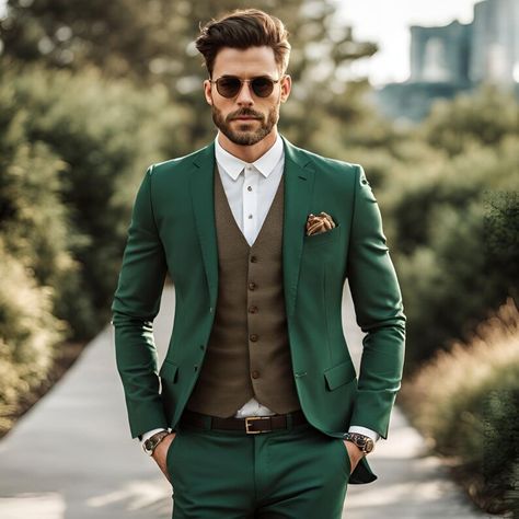 Trending Suits, Brown Vest Men, Green Wedding Suit, Suits Groom, Brown Vest, Wedding Jacket, Stylish Suit, Groomsmen Suits, Green Suit