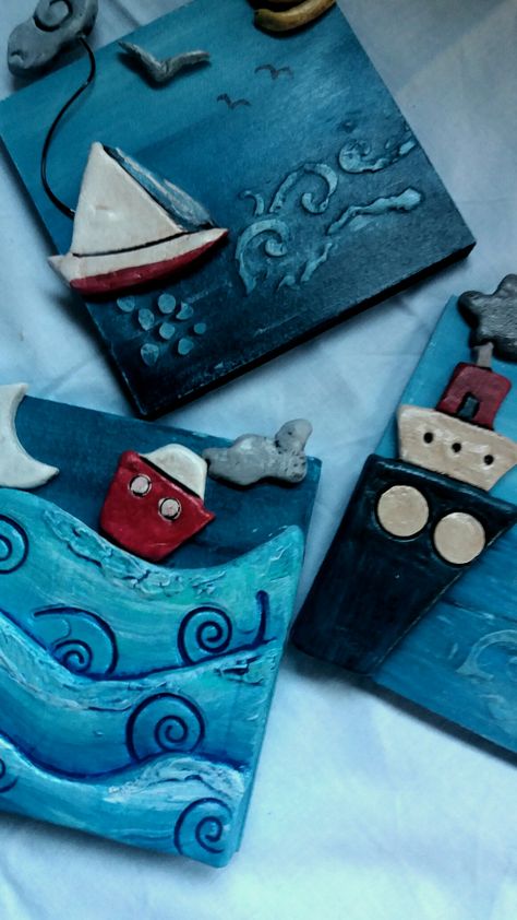 Air Dry Clay Tiles, Sea Kids Room, Clay Artwork, Ceramic Moon, Clay Projects For Kids, Dolphin Decor, Ceramics Tiles, Moon Sea, Boat Crafts