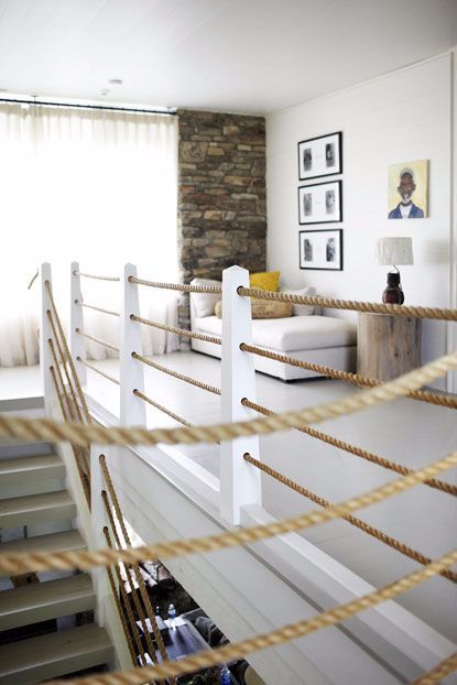 Love the rope banisters on this stairway! Don't know if I'd want it in my "main" house but fun in a vacation or beach house!!! Rope Railing, Deck Stair Railing, Loft Railing, Farmhouse Stairs, Deck Railing Design, Wood Railing, Rustic Entryway, Deck Stairs, Lan Can