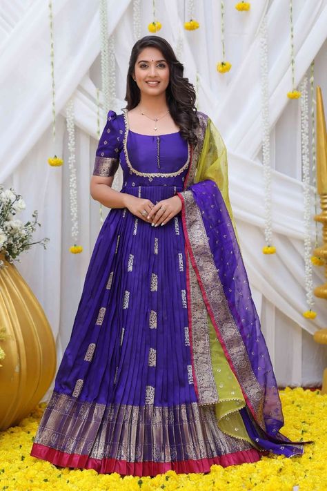 Pattu Anarkali Dress, Pattu Long Frocks For Women, Anarkali Dress Wedding, Purple Indian Wedding, Long Frock Models, Long Frocks For Women, Indian Anarkali Dresses, Pattu Dress, Hindu Weddings