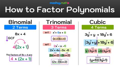 How to Factor Polynomials (Step-by-Step) — Mashup Math Math Project Ideas, Projects For High School Students, Polynomials Worksheet, Finding Factors, Math Art Projects, Polynomial Functions, Factoring Polynomials, Greatest Common Factors, Free Math Resources