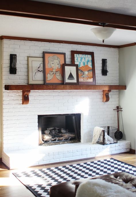 Project Home: Fireplace Makeover Brick Fireplace Wall, Wood Mantle Fireplace, White Brick Fireplace, Painted Brick Fireplace, Painted Brick Fireplaces, Wood Mantle, Brick Fireplace Makeover, Look Wallpaper, Fireplace Remodel