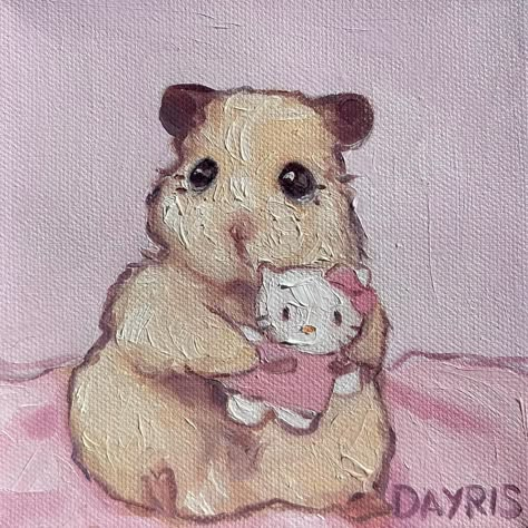 If I can’t bring my Hello Kitty plushy and pink blankie, I’M NOT GOING | Instagram Cute Animal Paintings, Coquette Animals, Paintings Cute, A Hamster, Cute Paintings, Cute Canvas, Cute Little Drawings, Cute Profile Pictures, Cute Animal Drawings