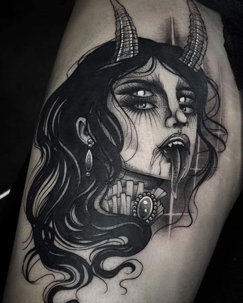 Every one of us has deep and dark fantasies you won’t share with the world. But a succubus tattoo is a great possibility to admit your inner world. Succubus Tattoo, Most Beautiful Tattoos, Unique Half Sleeve Tattoos, Girl Thigh Tattoos, Devil Tattoo, Demon Tattoo, Men Tattoo, Witch Tattoo, Scary Tattoos