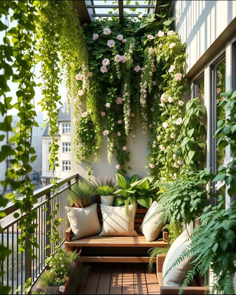 Vertical Garden Apartment, Balconies With Plants, Indoor Balcony Garden, Balcony Plants Ideas Pots, Terrace Garden Ideas Balcony Design, Trellis Balcony, Garden In Apartment, Jungle Balcony, Garden Balcony Design