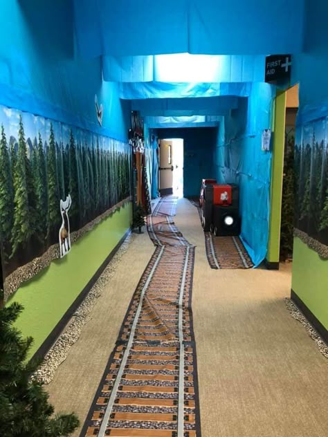 Train Stage Design, Train Station Stage Design, Train Station Decoration, Train Station Decor, Vbs Train Theme, Train Theme Classroom, Rocky Railway Vbs 2020 Decorations, Train Vbs, Kindergarten Sunday School