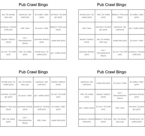 Bar Crawl Themes Ideas, Pub Crawl Games Ideas, Pub Crawl Games, Bar Crawl Bingo, Pub Crawl Bingo, Pub Crawl Challenges, Bailey Shots, Pub Crawl Poster, Bingo Card Template