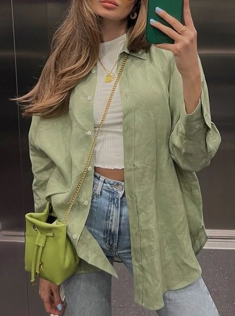 Green Over Shirt Outfit, Green Linen Button Up Shirt Outfit, Shirt As Outer Outfit, Summer Green Outfit Aesthetic, Pista Green Shirt Outfit For Women, Light Green Tshirt Outfit Woman, Sage Green Button Up Outfit, Light Green Shirt Outfit For Women, Pastel Green Shirt Outfit