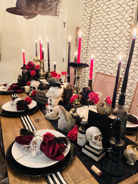 Gothic Table Centerpieces, Gothic Tablescape, Gothic Party Decorations, Gothic Table Setting, Gothic Thanksgiving, Goth Table, Gothic Dinner Party, Burlesque Halloween, Gothic Dinner