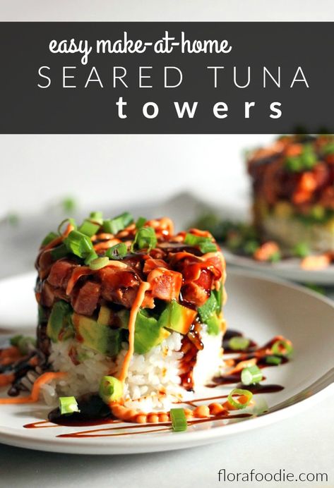 Tuna Tower Recipe, Sushi Sauces, Tuna Tower, Fasting Schedule, Sushi Sauce, Sushi Recipes Homemade, Tuna Sushi, Seared Tuna, Sesame Sauce