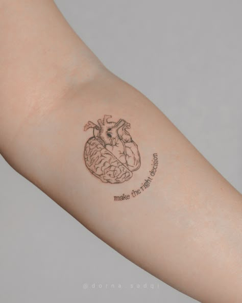 Heart Or Brain Tattoo, Mind And Heart Tattoo Minimalist, Brain Heart Tattoo Minimal, Mind Heart Tattoo, Mind Body Tattoo, Heart Brain Tattoo Minimalist, Mind And Heart Tattoo, Heart And Mind Tattoo, Heart Tattoo On Arm