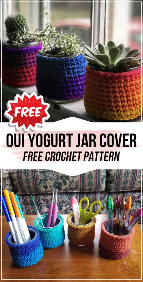 crochet Oui Yogurt Jar Cover free pattern - easy crochet cozy pattern for beginners Oui Jar Gift Ideas, Oui Yogurt Jars Ideas Wedding, Yogurt Jar Crafts, Ideas For Oui Yogurt Jars, Uses For Oui Yogurt Jars, Oui Jar Ideas, Jar Covers Ideas, Yogurt Jars, What To Do With Oui Yogurt Jars