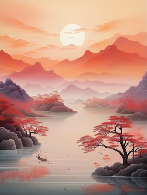 Cultural Art, Wall Murals Painted, Watercolour Inspiration, Korean Art, Indian Art Paintings, Contemporary Landscape, Autumn Landscape, Chinese Painting, Painting Inspo