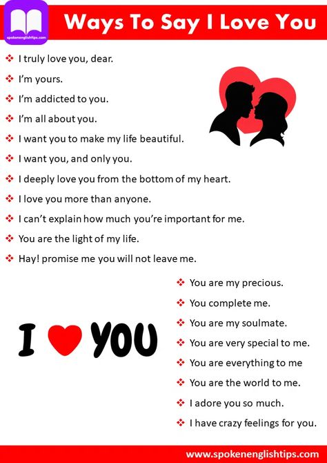 Ways To Say I Love You In English » SpokenEnglishTips.com Creative Way To Say I Love You, Other Way To Say I Love You, Love You In Different Ways, Ways To Say I Love You, Ways To Say I Love You Without Saying It, Ways To Say Sorry, Love You Sis, Crazy Feeling, Beautiful Words In English