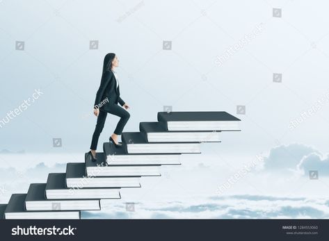 Businesswoman climbing book pile ladder. Sky background. Education and promotion concept #Ad , #sponsored, #pile#ladder#book#Businesswoman Climbing Stairs Wallpaper, Success Stairs Wallpaper, Climbing Stairs Illustration, Ladder Wallpaper, Stairs Wallpaper, Background Education, Book Pile, Climbing Stairs, Climbing Ladder