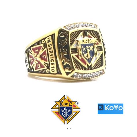 Based on the description provided, the image appears to be a gold ring with an emblem on it. The emblem on the ring bears the text "NSERVICE TO" and "K.ofC." The initials "K.ofC." are commonly used to refer to the Knights of Columbus, a Catholic fraternal organization that is devoted to charity work and community service. The phrase "NSERVICE TO" likely refers to the organization's motto, which is "In Service to One, In Service to All." Knights Of Columbus, The Brotherhood, Islamic Jewelry, Signet Rings, Detailed Design, Ring Crafts, Potato Soup, Fraternity, Signet Ring