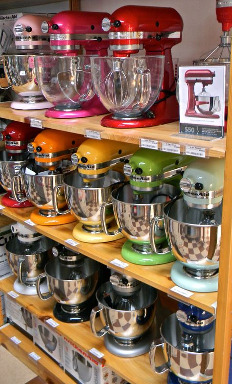 I love the hot pink one but its not gonna match anything!! Kitchenaid Mixer Colors, Bakery Kitchen, Kitchenware Shop, Supermarket Design, Kitchenaid Mixer, Bakery Shop, Cooking Gadgets, 자수 디자인, Kitchen Equipment