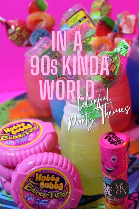 Vintage candy cocktails for our 90s party theme. Colorful and vibrant party decor. #90saesthetic #partycocktails #curatedcocktails #decorativedrinks 90s Theme Candy Table, 90s Themed Cocktails, 90s Cookout Theme Party, 90s Slumber Party Aesthetic, 90s Themed Party Ideas, 90’s Theme Birthday Party, 90s Candy Bar Party Ideas, 90s Theme Party Decorations For Adults, 90 Theme Party