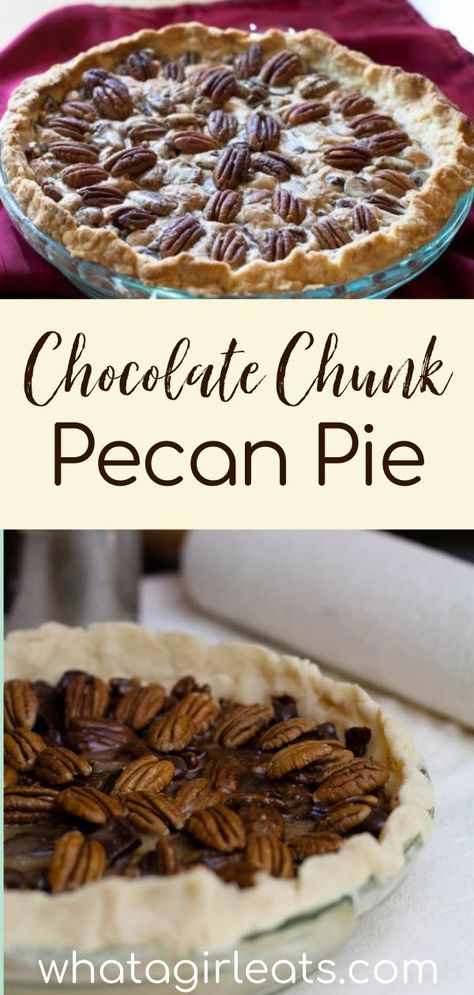 Chocolate chunk pecan pie is a delicious twist on traditional pecan pie recipe. With a vodka pie crust and chunks of bittersweet and semi-sweet chocolate added to the filling, this fall pie is a great addition to your Thanksgiving menu. Bake this chocolate pecan pie for your next holiday meal. | What A Girl Eats Chocolate Pie With Pecan Crust, Chocolate Bourbon Pecan Pie Recipe, Chocolate Chunk Pecan Pie, Southern Chocolate Fudge Pecan Pie, Vodka Pie Crust, Bourbon Chocolate Pecan Pie, Chocolate Pecan Pie Recipe, Strawberry Recipes Easy, Easy Chocolate Desserts