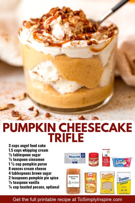 These easy no-bake Pumpkin Cheesecake... - Sheena's Hot Eats Pumpkin Cheesecake Trifle, To Simply Inspire, Pumpkin Trifle, Little Sunny Kitchen, Pumpkin Spice Cheesecake, No Bake Pumpkin, Cheesecake Trifle, Sunny Kitchen, No Bake Pumpkin Cheesecake