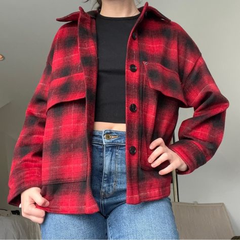 Zara red and black shacket Red Check Jacket Outfit, Black Shacket Outfit, Check Jacket Outfit, Black Shacket, Shacket Outfit, Check Jacket, Checked Jacket, Jacket Outfit, Red And Black Plaid