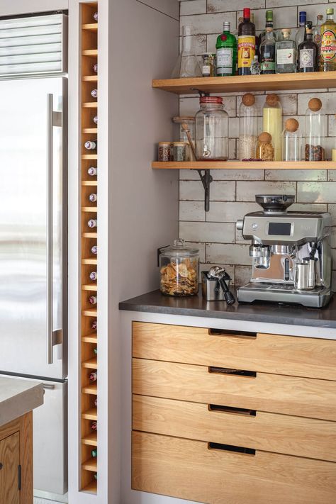 Cottage Shaker Kitchen with bespoke vertical wine rack and warm oak drawers Vertical Wine Rack, Retro Appliances, Shaker Furniture, Coffee Nook, Cottage Renovation, Shaker Doors, Sustainable Kitchen, Cafe Style, Shaker Kitchen