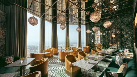 Dubai Burj Khalifa, Restaurant Exterior Design, Art Deco Pendant Light, Armani Hotel, Restaurant Exterior, Architectural Lighting Design, Romantic Restaurant, Most Luxurious Hotels, Restaurant Lounge