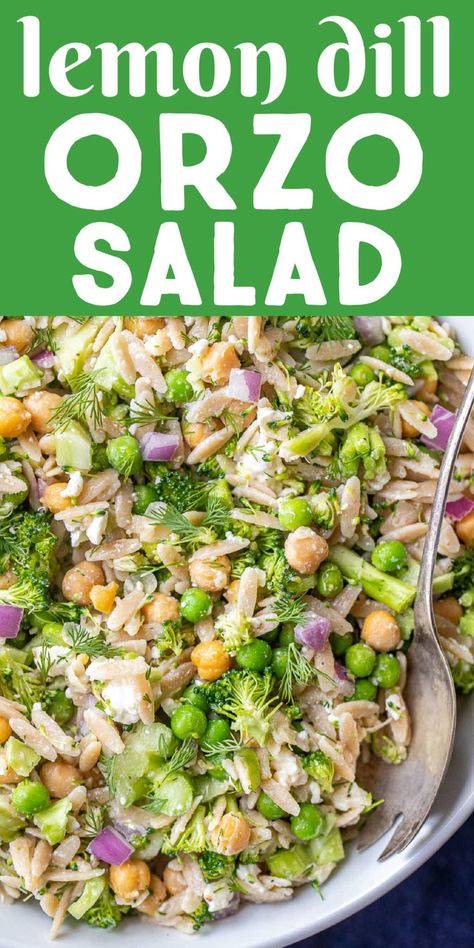 This Lemon Dill Orzo Broccoli Salad is packed with veggies, whole wheat orzo and salty feta cheese.  Everything is mixed with an easy lemon dressing, making this vegetarian broccoli salad satisfying and flavorful! Each serving is packed with 13 grams of protein! This salad is great for a potluck side dish or a healthy and filling vegetarian lunch! #orzosalad #broccolisalad #vegetarianrecipe #mealpreplunch Lemon Dill Orzo, Dill Orzo, Orzo Broccoli, Vegetarian Broccoli Salad, Dill Salad Recipe, Garbanzo Salad, Raw Broccoli Salad, Lemon Orzo Salad, Mediterranean Recipes Healthy