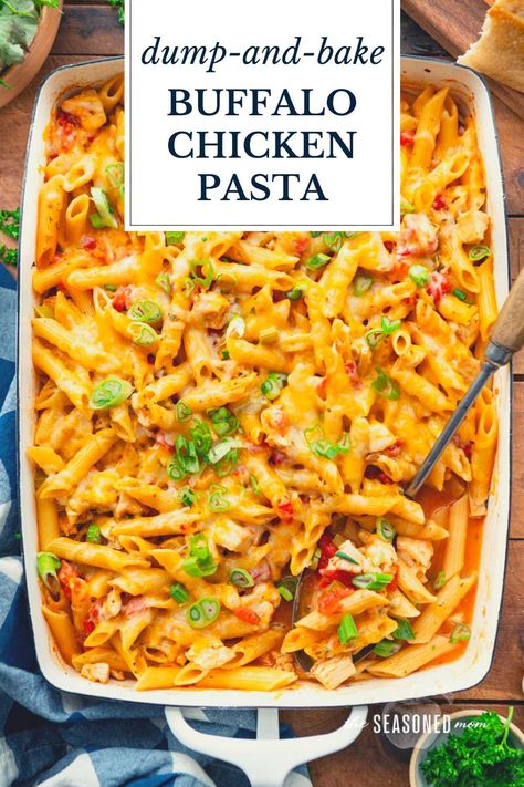 A cheesy buffalo chicken pasta bakes entirely in one dish! The zesty and flavorful dinner comes together with just 10-minutes of prep time, thanks to the convenient dump-and-bake method. Perfect for busy weeknights! Dump And Bake Buffalo Chicken Pasta, Dump Pasta Bake, Dump And Bake Recipes, Buffalo Chicken Pasta Bake, Baked Chicken Parm, Cheesy Buffalo Chicken, Dump And Bake, Pasta Bake Easy, Pasta Bakes