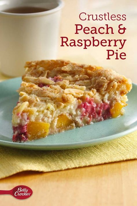 Looking for a gluten free fruit dessert? Check out this pie that uses Bisquick® Gluten Free mix, frozen peaches and fresh raspberries...plus, it requires only 15 minutes of prep time! Peaches not in season? Try apples instead of peaches or even blueberries instead of raspberries. Crustless Peach Pie, Crustless Pies Recipes, Crustless Desserts, Impossible Peach Pie, Easy Dutch Apple Pie, Gluten Free Fruit Desserts, Impossible Recipes, Crustless Pie, Impossible Pies