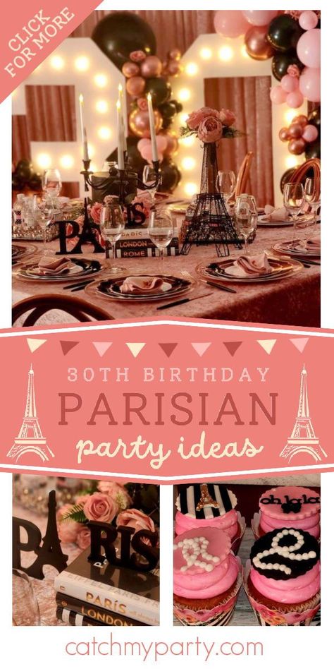 Take a look at this stunning Parisian party! The decorations are fabulous! See more party ideas and share yours at CatchMyParty.com A Night In Paris Prom Theme, Emily In Paris Party Theme, Parisian Style Party, A Night In Paris Theme, Parisian Themed Party, Paris Birthday Party Ideas, 34 Birthday, Parisian Birthday, Parisian Birthday Party