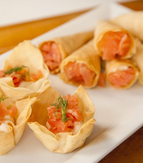 Smoked salmon in phyllo dough- dairy as is or substitute tofu cream cheese or make without and have a dipping sauce when made in rolls- beautiful brunch dish- good for a Bris, vort, L'Chaim or other morning or buffet Simchas. Salmon Mousse Recipes, Smoked Salmon Starter, Phyllo Bites, Smoked Salmon Mousse, Tofu Cream Cheese, Phyllo Dough Recipes, Smoked Salmon Appetizer, Salmon Appetizer, Smoked Salmon Recipes