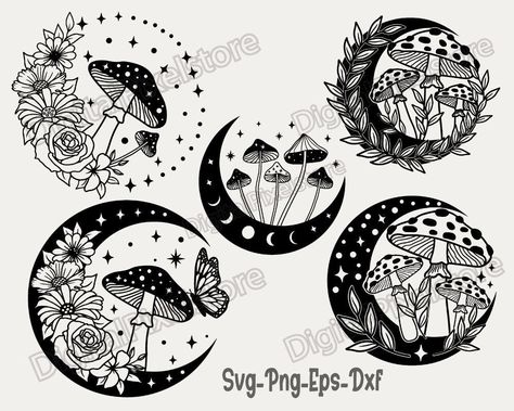 Mushroom Moon Drawing, Magic Mushroom Drawing, Mystical Mushrooms, Boho Mushroom, Mushroom Svg, Moon Mushroom, Mushroom Clipart, Mystical Moon, Mushroom Tattoos