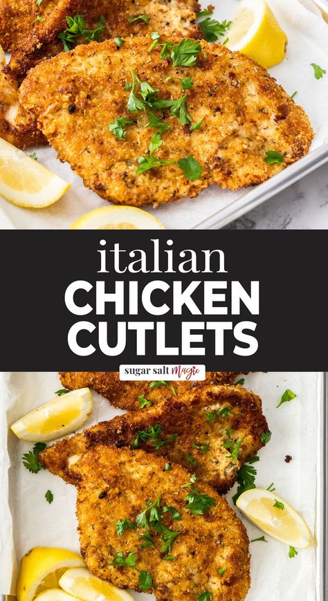 These Italian chicken cutlets are tender chicken coated in a super tasty and crunchy seasoned crumb. Made in just 30 minutes, this Italian chicken recipe is perfect for busy weeknights or for serving guests. Italian chicken cutlets (aka chicken Milanese) are going to become your favourite family dinner. The crumb coating is spiked with parmesan and Italian herbs to make this chicken dinner a flavour sensation. Seriously quick and easy to make! Italian Chicken Cutlets, Cutlet Recipes, Fried Chicken Cutlets, Chicken Cutlet Recipes, Chicken Milanese, Breaded Chicken Cutlets, Chicken Cutlet, Italian Chicken Recipes, Crock Pots