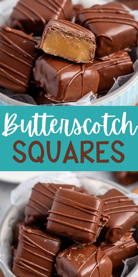 Butterscotch Squares are a soft brown sugar candy dipped in chocolate. It's a cross between butterscotch and penuche - such a delicious See's copycat recipe. Sees Candy Butterscotch Squares, Sees Butterscotch Squares Recipe, How To Make Butterscotch Chips, See's Copycat Candy Recipes, Holiday Candies Recipes, Homemade Butterscotch Candy, Sees Candy Rum Nougat Recipe, Scotch Kisses Recipe, Homemade Butterscotch Chips