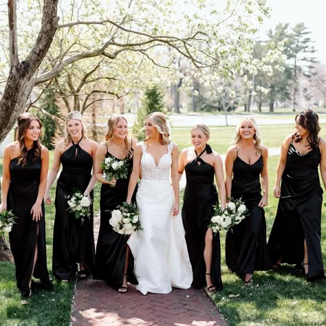 Color you love: Black! 🖤 It’s classic, modern, and so timeless... a roundup of our favorites worn by YOU! #BIRDYGREY #birdyinthewild Featuring the Crepe and Shiny Satin Black bridesmaid dresses 📸: 1) @annenoelphotos 2) @carhartphotography 3) @vibeycreative 4) @jillstuefer Black And Grey Bridesmaid Dresses, Black Bridesmaid Dresses Satin Long, Black Silk Dress Bridesmaid, Black Fall Bridesmaid Dresses, Black Bridal Party Attire Summer, Clay Bridesmaid Dresses, Black Bridesmaid Dresses Fall Wedding, Summer Wedding Black Bridesmaid Dresses, Black Bridesmaid Dresses With Bride